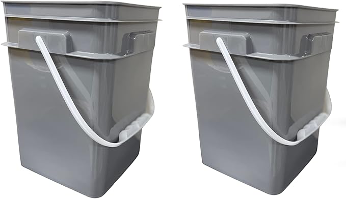House Naturals 4 Gallon Square Food Grade Plastic Bucket with Lid, Made in USA (Pack of 2) BPA Free (Grey)