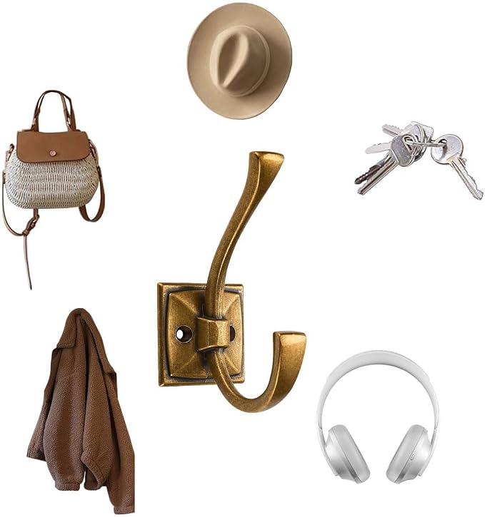3 Pack Decorative Heavy Duty Towel Hooks for Hanging Robe Double Vintage Antique Brass Coat Hooks Wall Mounted with Screws for Key, Towel, Bags, Cup, Hat