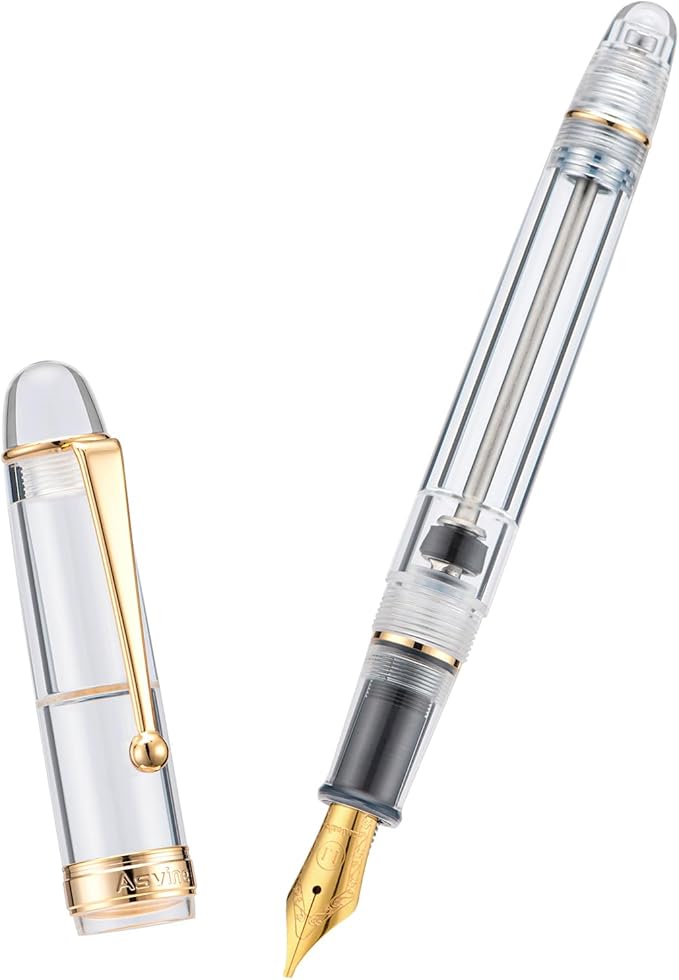 Asvine V126 Vacuum Filling Fountain Pen, Clear Demonstrator Acrylic Stub Nib 1.1mm Calligraphy Art Drawing with Case Set