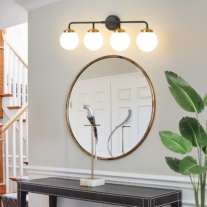 Black Gold Bathroom Light Fixtures Above Mirror, Modern Vanity Lighting with White Glass Globe Shade 4-Light Farmhouse Wall Sconce