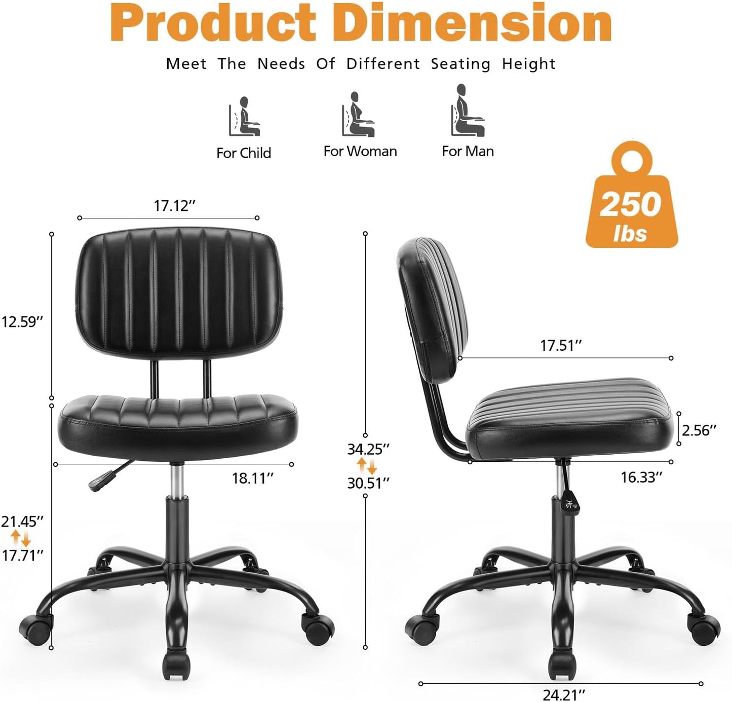Sweetcrispy Small Office Desk Chair - Armless PU Leather with Comfy Lumbar Support | Height Adjustable, Black