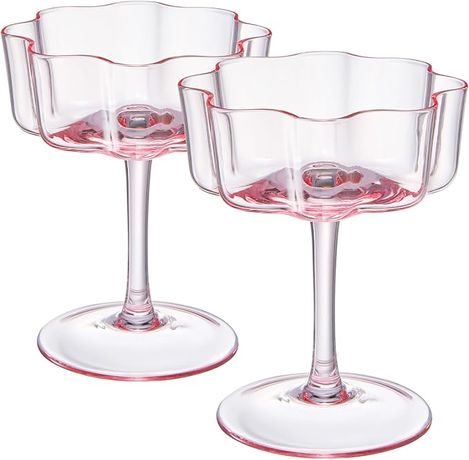 Khen Flower Vintage Wavy Petals Wave Glass Coupes 7oz Colorful Martini, Champagne & Cocktails - 2 Set - Rippled & Champagne Glasses, Bar Glassware Copyright Design (Pink)