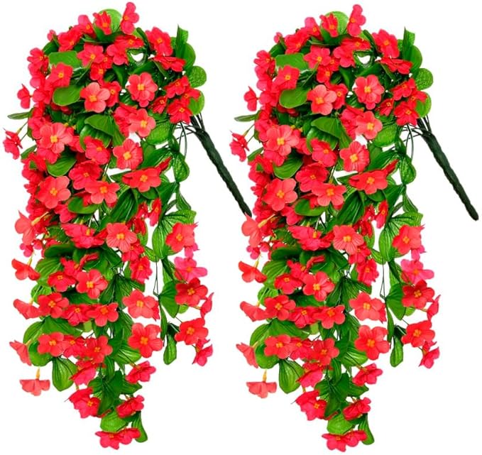 2PCS Artificial Hanging Flowers, Fake Hanging Plants Violet Vines UV Resistant for Wall Home Room Garden Wedding Indoor Outdoor Spring Summer Decoration(Red)
