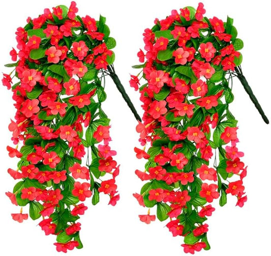2PCS Artificial Hanging Flowers, Fake Hanging Plants Violet Vines UV Resistant for Wall Home Room Garden Wedding Indoor Outdoor Spring Summer Decoration(Red)