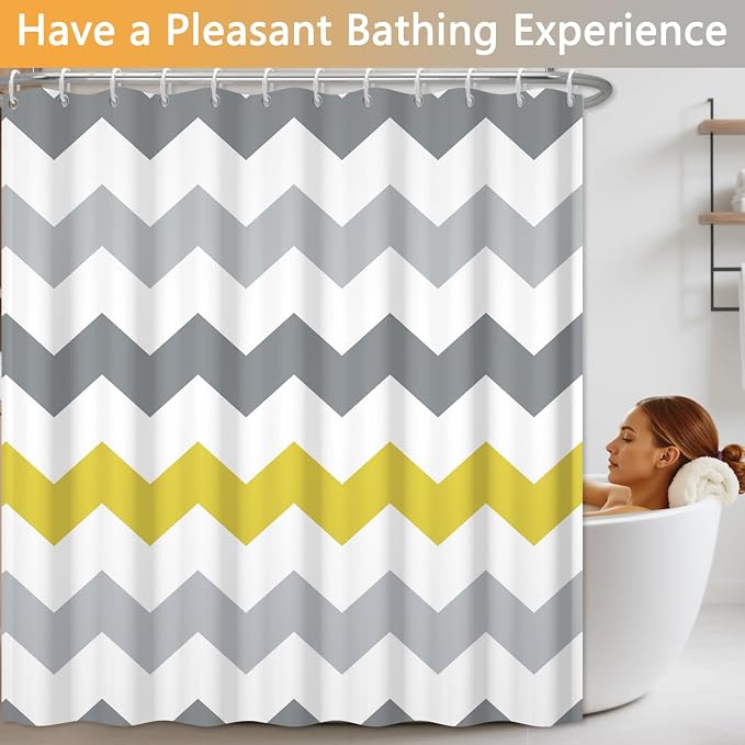Grey Yellow Striped Shower Curtain, Chevron Zigzag Geometric Pattern Shower Curtains for Bathroom with Hooks, Hotel Style Waterproof Polyester Fabric Shower Curtain Set, Weighted Hem, 72x72 Inch