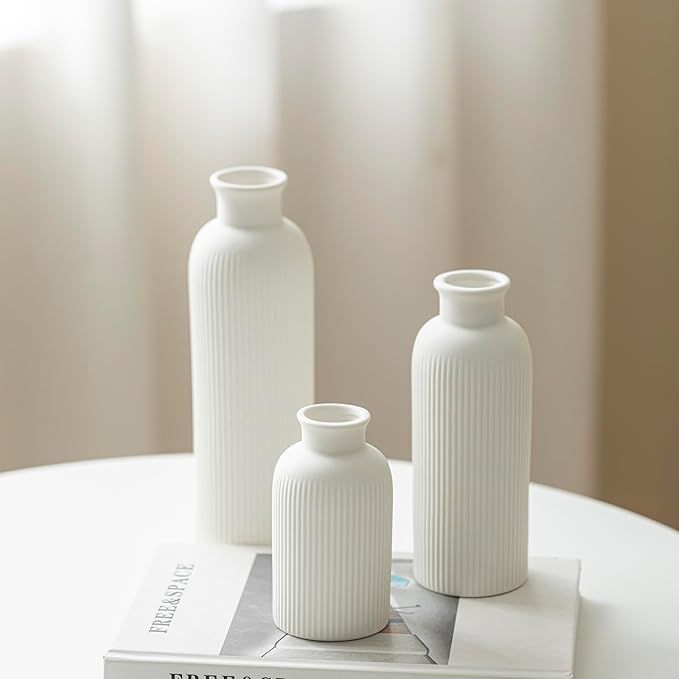Modern Ceramic Vase Set, White Ribbed Matte Design, 3-Piece Decorative Vases for Home, Living Room, Office (White)