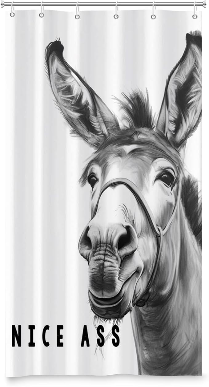 Funny Donkey Shower Curtains Joke Hilarious Animal Bathroom Curtain Rustic Farmhouse Cute Donkey White Shower Curtain Sets for Bathroom Extra Long 36x72 in with 6 Hooks