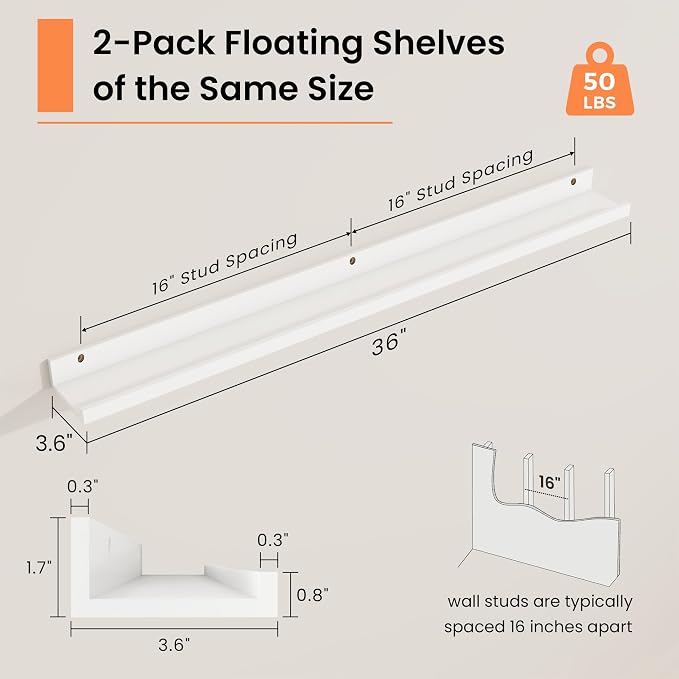 RICHFOCUS Picture Ledge Shelf, 36 inch Floating Shelves Set of 2, Wood Wall Shelves with Lip, Wall Decor Storage for Bedroom Living Room Bathroom Kitchen Nursery Photo Picture, White