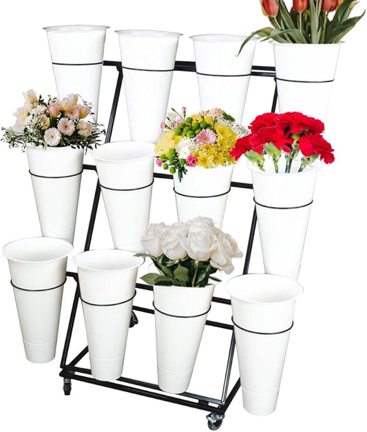 Decorative Display Stand With Buckets for Cut Flowers, Heavy Duty Rolling Plant Stand on Wheels, Indoor Outdoor Cart Ladder Shelf for Florist, Garden, Patio (3 Tier 12 White Bucket)