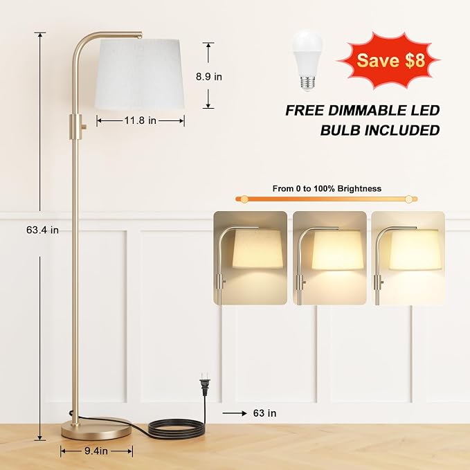 Ambimall Fully Dimmable Floor Lamp with 9W LED Bulb, Standing Lamp for Living Room with Adjustable Head, Modern Tall Light with Rotary Switch for Office, Light Gold and Beige