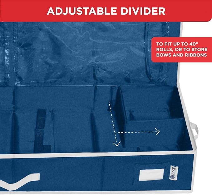 HOLDN’ STORAGE Premium Wrapping Paper Storage Container - Durable 600D Tear-Proof, Fits 27 Rolls Gift Wrap, Extra Pockets for Ribbons & Bows, Underbed Storage - Ideal for Holiday Christmas, Blue