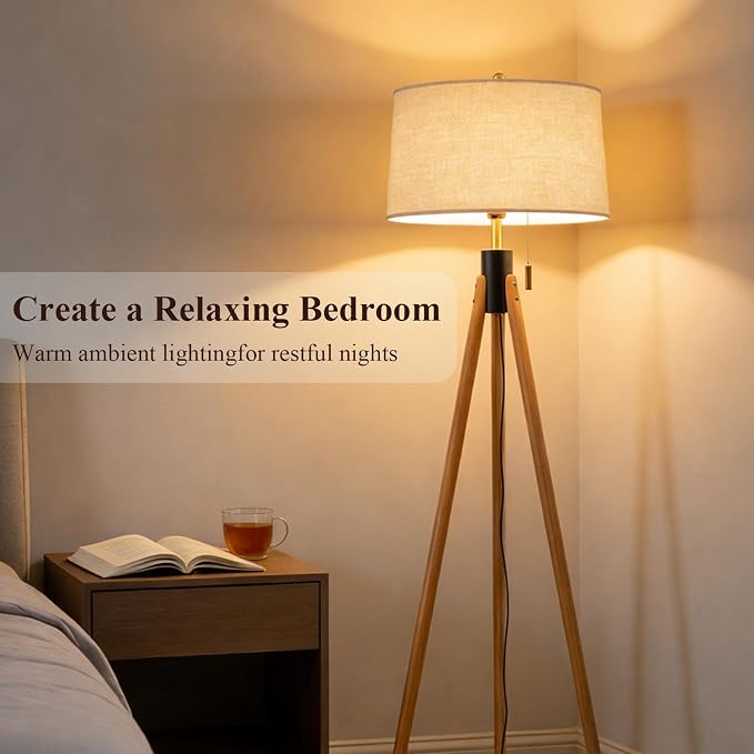 Mid Century Modern Tripod Floor Lamp, Gold Accented Two-Tone Solid Wood Floor Lamp with Black-Finished Solid Wood Center, Linen Shade & Pull Chain, Tall Lamp for Living Room Bedroom Reading Corner
