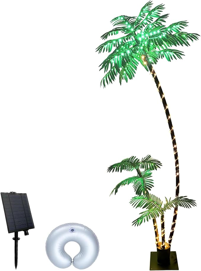 7FT Solar Lighted Palm Trees for Outside Patio Light Up 260 LED Artificial Fake Tree Lights for Pool Bar Tropical Party Deck Outdoor Decorations