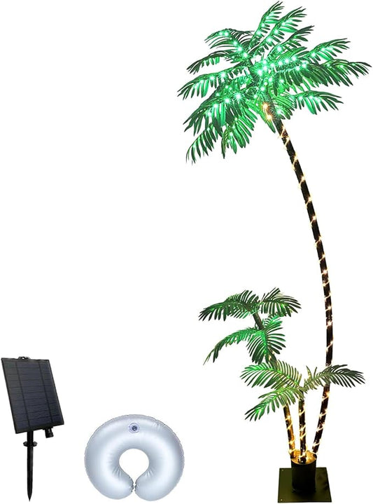 7FT Solar Lighted Palm Trees for Outside Patio Light Up 260 LED Artificial Fake Tree Lights for Pool Bar Tropical Party Deck Outdoor Decorations