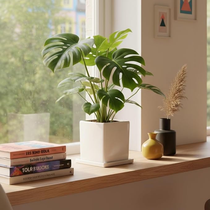 White Ceramic Plant Pots with Saucers, 6 Inch Square Planter Pots Set of 2, Modern Minimalist Medium Flower Pots for Indoor Plants, Snake Plants, Monstera, Home Decor