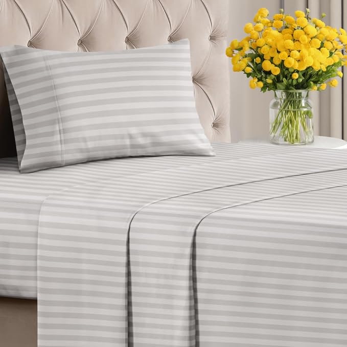 Grey Striped Sheets - 1 Flat & 1 Fitted Sheet & 1 Pillowcase w/ Deep Pockets - Comfy, Easy-Care, Wrinkle & Fade Resistant - Ultra-Soft, Breathable & Cooling - Luxury Pinstripe Bedding - Twin Size