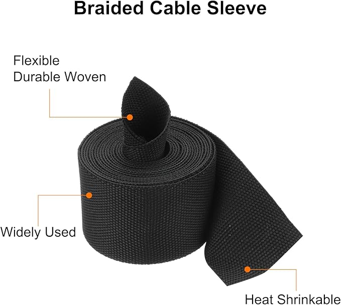 MECCANIXITY Braided Cable Sleeves Heat Shrinkable Fabric Sleeving, 1 1/4" 10ft Black 2:1 Ratio Heat Shrinkable Cord Protector for Harness Cable, Network Cable Protection, Cable Management