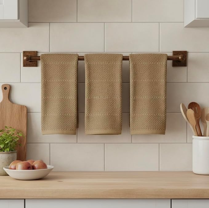 Mocha Light Brown Tan Kitchen Hand Dish Towels: Oversized 28" x 18",100% Cotton Cloth Soft Cleaning Drying Absorbent Textured Design, Set of 3 Multipurpose for Everyday Use (Toasted Coconut)