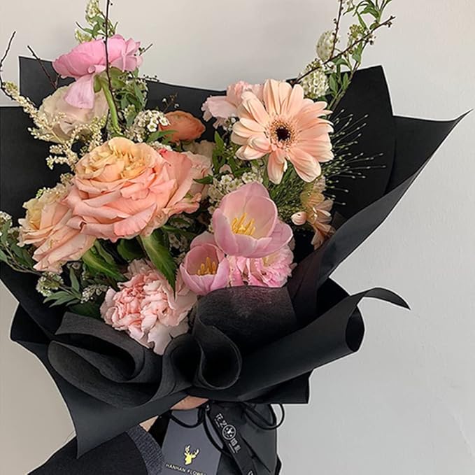 BBJ WRAPS Hand-Drawn Tissue Flower Wrapping Paper Korean Non-Woven Waterproof Floral Bouquet Wraps for Florist Packaging Arrangement, 23x18 Inch - 40 Sheets (Black)