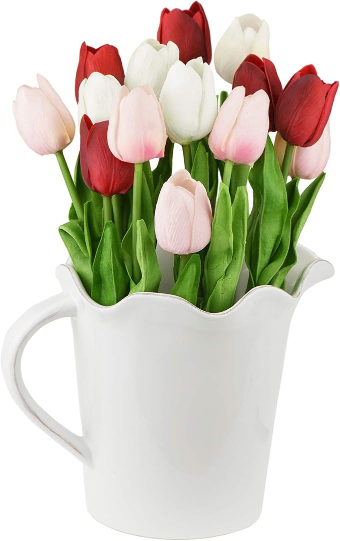 FiveSeasonStuff Real Touch Tulips Artificial Flowers – 15 Stems Faux Tulip Bouquet in Gift Box for Wedding, Home Decor, Party, Floral Arrangements (Charming Lady)