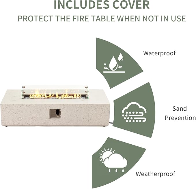 COSIEST Outdoor Propane Fire Pit Table, 56" x 28" Rectangle Terrazzo White Concrete-Like Finish, Certified, 50,000 BTU Stainless Steel Burner w Transparent Gray Fire Glass, Wind Guard, Raincover
