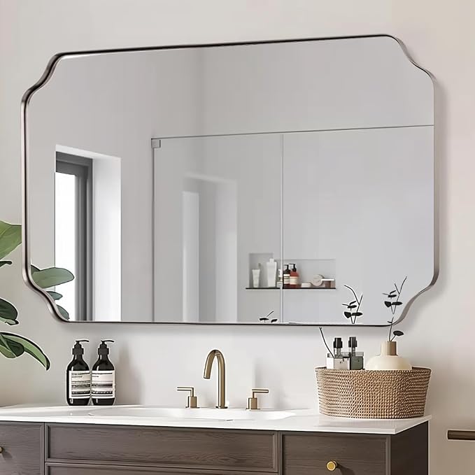ANDY STAR 36x48 Inch Brushed Nickel Rectangle Mirror, Large Scalloped Bathrom Mirror for Wall, Rounded Notched Corner Designed, Anti-Rust Stainless Steel 1" Frame, Hangs Vertically/Horizontally