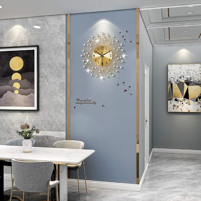 Large Wall Clocks for Living Room Decor Modern Gold Silent Wall Clock Battery Operated Non-Ticking for Bedroom Kitchen Home Decorative 14 Inch Round Metal Crystal Wall Watch for Office