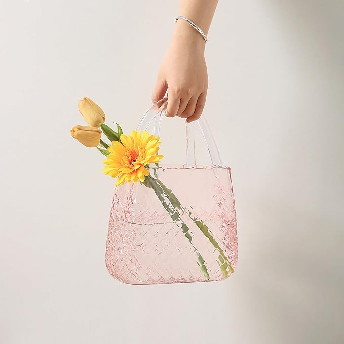 Purse Vase, Glass Bag Vase, Glass Purse Vase for Flowers, Pink Vases, 12 Inch Large Flower Vase with Embossed Pattern for Wedding, Living Room, Bedroom, Table, Office(Round)
