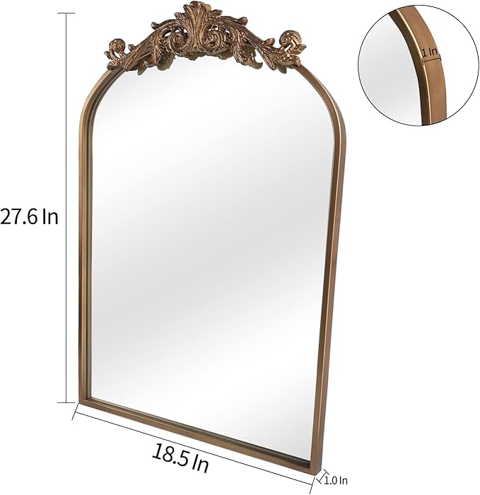 OUSHUAI Gold Traditional Vintage Ornate Baroque Mirror,Gold Brass Mirror for Wall,Victorian Antique Bronze Mirrors Arched for Bathroom/Living Room/Hallway/Fireplace 19"X27"