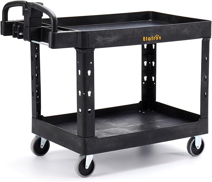 ELAFROS Extra Large Heavy Duty Plastic Utility Work Cart 43.5 x 24.6 Inch – 2 Tier Work Cart with Deep Tub Shelves, Ergonomic Handle, 5 Inch Casters, 550 lbs Capacity, Black