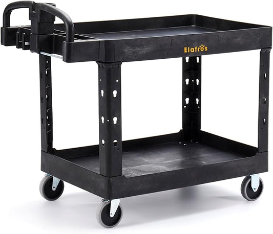 ELAFROS Extra Large Heavy Duty Plastic Utility Work Cart 43.5 x 24.6 Inch – 2 Tier Work Cart with Deep Tub Shelves, Ergonomic Handle, 5 Inch Casters, 550 lbs Capacity, Black