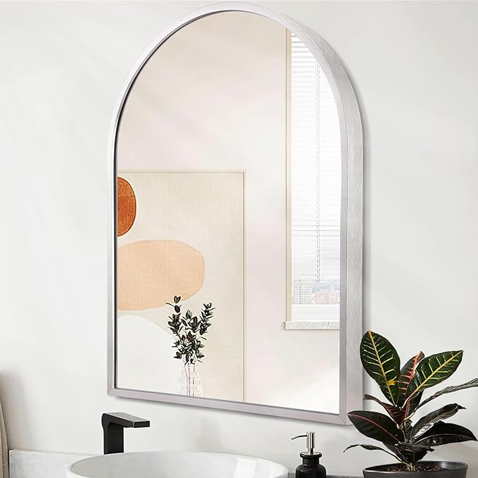 Arched Wall Mirror, Silver Arch Brushed Metal Frame Bathroom Mirror, Arched Top Bathroom Vanity Mirrors for Living Room Bedroom Mantel Entryway Hallways Home Decor Aluminum Alloy Frame 16"x12"