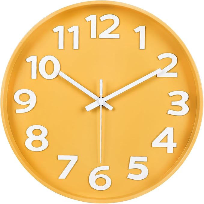 45MinST 12-Inch Modern Yellow Indoor/Outdoor Wall Clock, Silent Non-Ticking, Large Numbers, Accurate Timekeeping, Perfect Decorative Accent for Home or Office (Yellow)