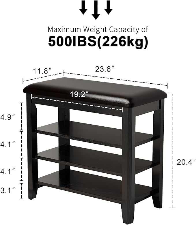AQIMUELE Shoe Bench with Leather Cushion, 3 Tiers Shoe Storage Bench Height Adjustable, Walnut Wood Entryway Bench for Hallway, Mudroom