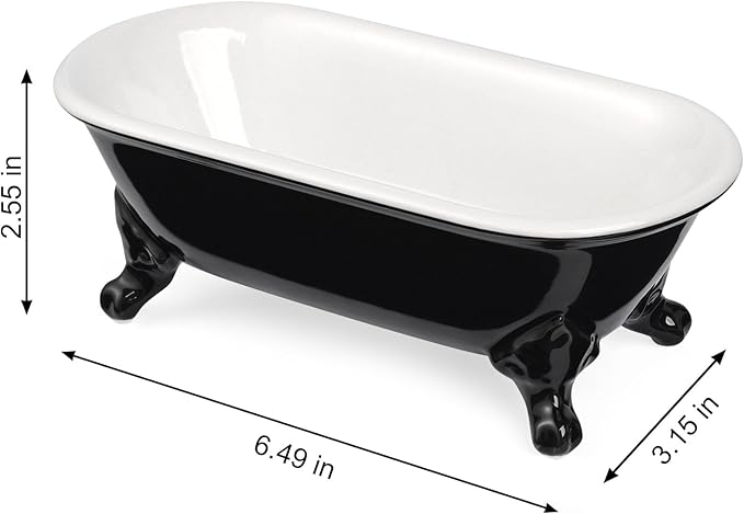 6.5" Ceramic Mini Decorative Clawfoot Bathtub Bar Soap Dish, Kitchen Sponge Holder and Shower Tray for Bathroom, 1 Pack(Black)