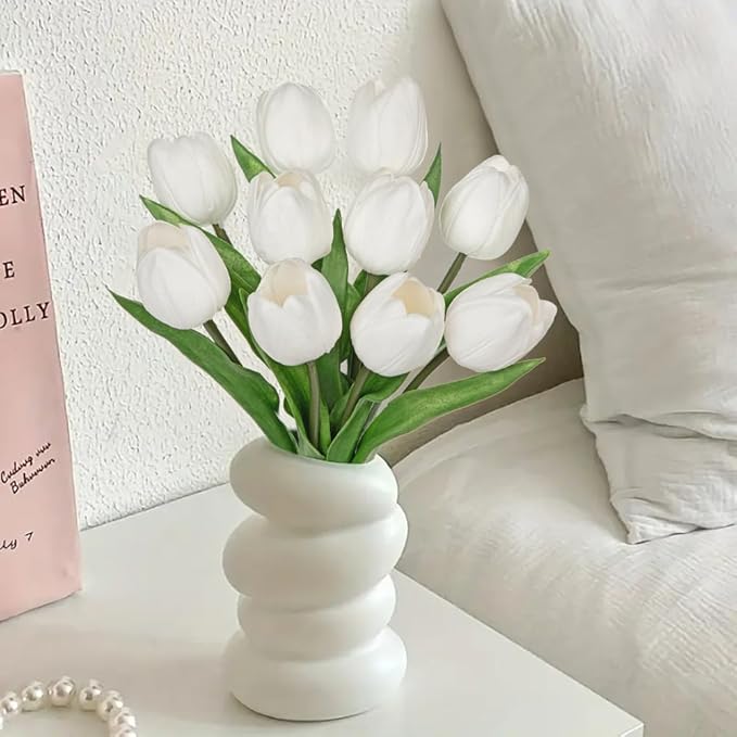 DILATATA 10 Pcs White Tulips Artificial Flowers Large Tulips Head Real Touch Fake Tulip Fake Flowers for Mother's Day 11.4" Faux Tulip for Vase Centerpieces Home Wedding Bouquet