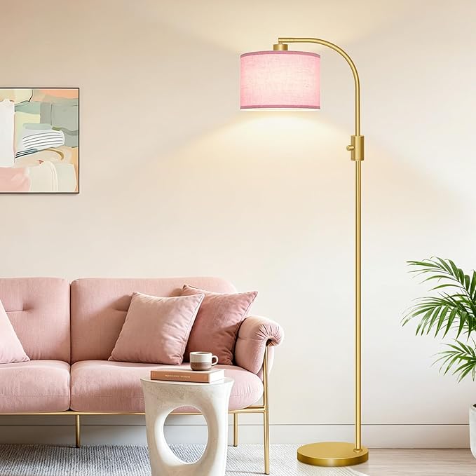 Nintiue Dimmable Floor Lamp, 1200 Lumens LED Edison Bulb Included, Arc Gold Floor Lamps for Living Room Modern Standing Lamp with Pink Linen Shade