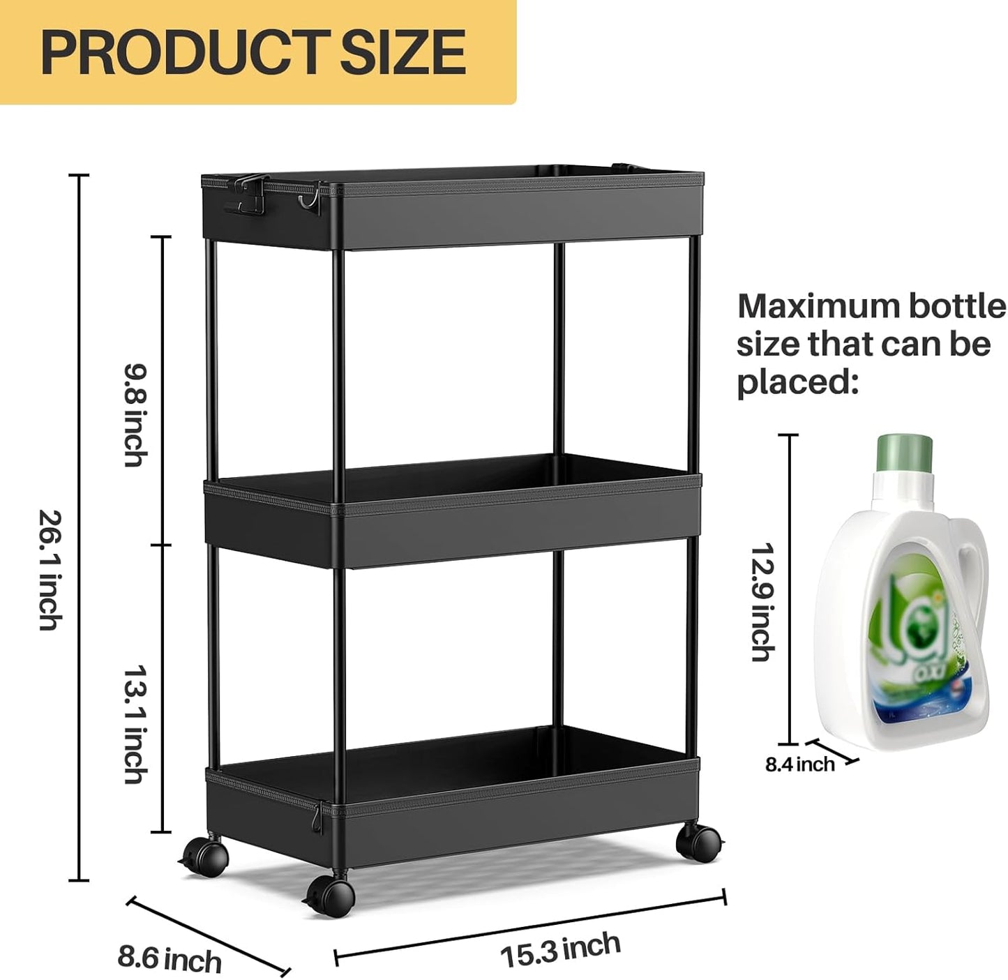 SPACEKEEPER Rolling Storage Cart - 3-Tier Bathroom Organizer with Wheels | Multi-Functional Utility Cart in Black
