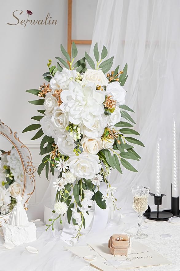 Serwalin 10 Inch Wedding Bouquets for Bride,Ivory Bridal Bouquet of Fake Flowers, Bridesmaid Bouquets for Wedding Ceremony Bridal Shower and Anniversary Day Decor