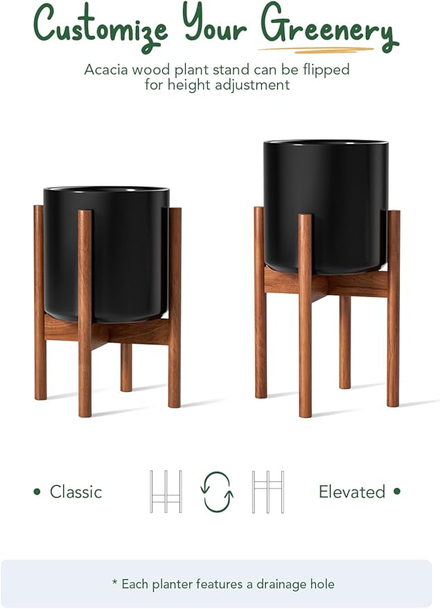 LE TAUCI 12 Inch Planter with Acacia Wood Stand, Large Ceramic Indoor Plant Pot with Drainage Hole & Plug, Mid Century Modern Plant Holder for Fiddle Leaf Fig, Monstera, Snake Plant, Black