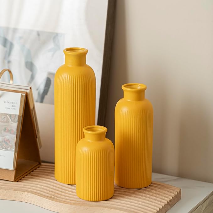 Modern Ceramic Vase Set, Yellow Ribbed Matte Design, 3-Piece Decorative Vases for Home, Living Room, Office (Yellow)