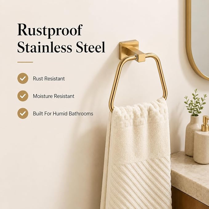 Brushed Gold Towel Ring for Bathroom 2 Pack, Kitchen Bath Towel Holder Hangers Wall Mount Heavy Duty Stainless Steel