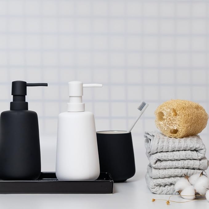 Matte White Ceramic Soap Dispenser, 13 oz Refillable Bathroom or Kitchen Countertop Dispenser with Soft Touch Rubber Coating