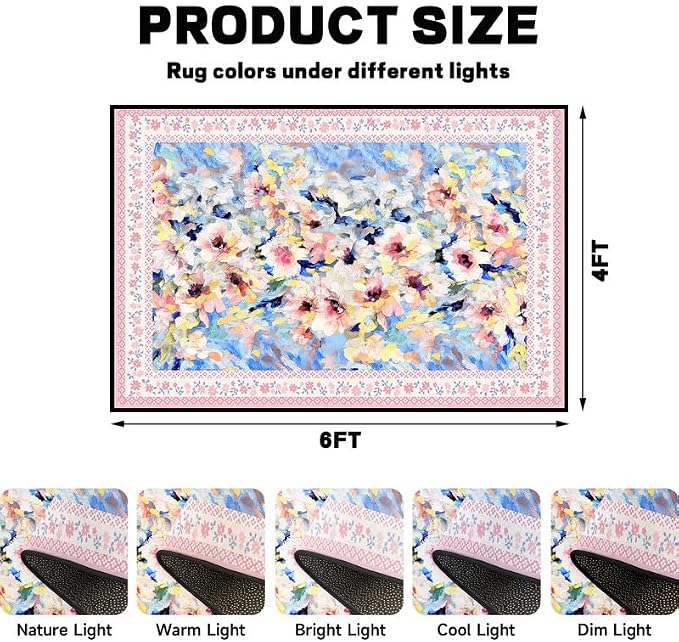 Floral Oil Painting Area Rug Watercolor Flower Print Rugs for Entryway Bedroom Living Room Nursery Kitchen Playroom Home Decor Washable Low Pile Floor Mat Carpet,4'x6'