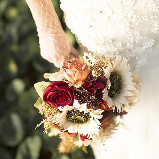 White Artificial Sunflower Flowers 8 Pcs Single Long Stem Silk Fake Sunflowers Bridal Wedding Bouquet Fake Yellow Flower Arrangements for Outdoor