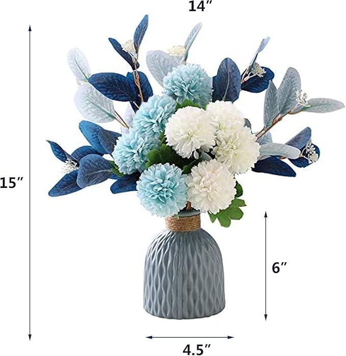 LADADA Blue Artificial Flower Bouquet in Ceramic Vase, White and Blue Ball Chrysanthemum with Eucalyptus, Minimalist Desk Decor for Office Home Centerpiece
