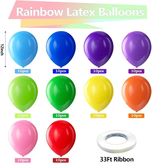 Bezente 100 Pack Rainbow Latex Balloons - 12 Inch Bright Color Helium Balloons for Parties