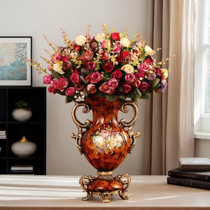 European Golden Resin Vintage Vase Set with Artificial Flowers, Retro Fake Floral Arrangement for Wedding Party Home Table Decor Centerpiece