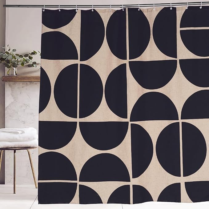 Black and White Geometric Linen Fabric Shower Curtain Sets,Mid-Century Modern Abstract Art Bath Curtain for Bathroom with 12 Hooks, 72 x 72 Inches