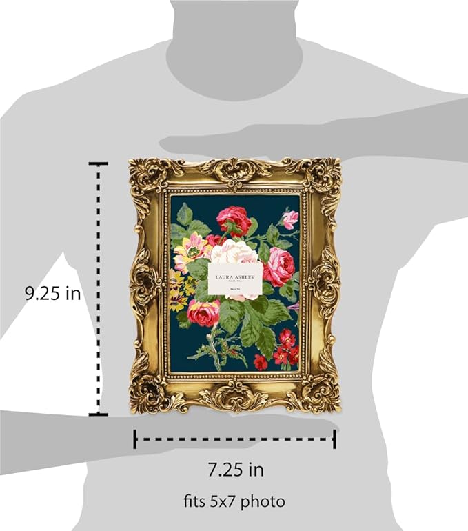 Laura Ashley 5x7 Gold Ornate Textured Hand-Crafted Resin Picture Frame with Easel & Hook for Tabletop & Wall Display, Decorative Floral Design Home Décor, Photo Gallery, Art, More (5x7, Gold)